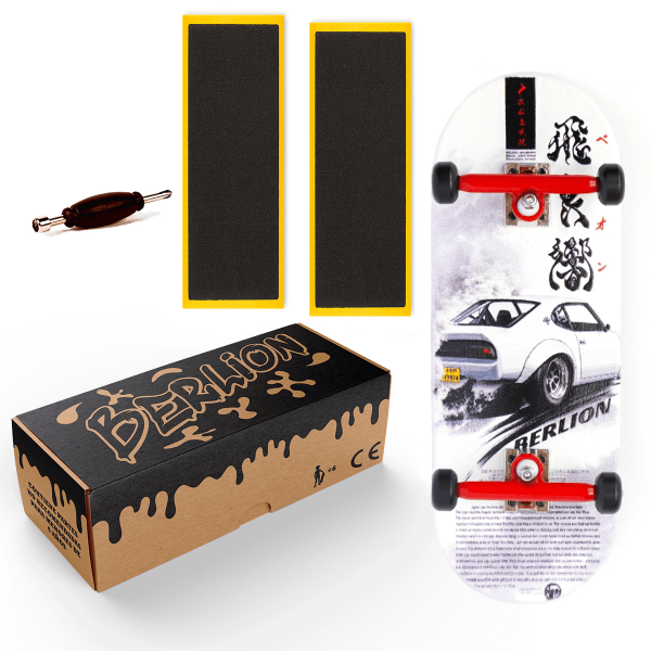 Fingerboard profesional Berlion con diseño de coche japonés derrapando y detalles en kanji