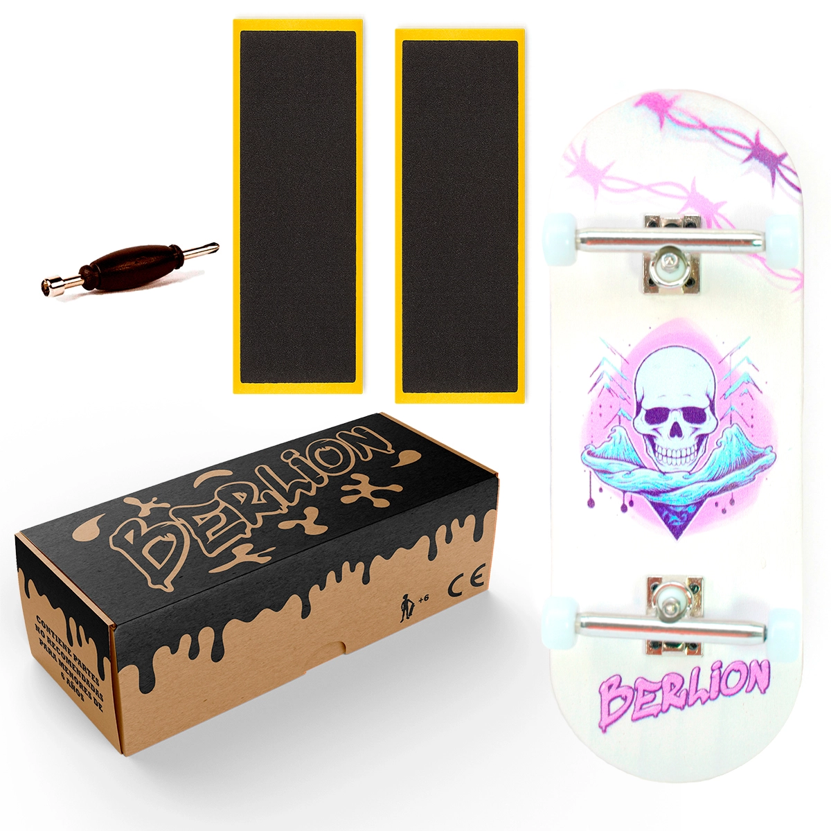 Fingerboard Berlion profesional con tabla, ruedas y herramientas incluidas. Set completo ideal para principiantes y expertos.